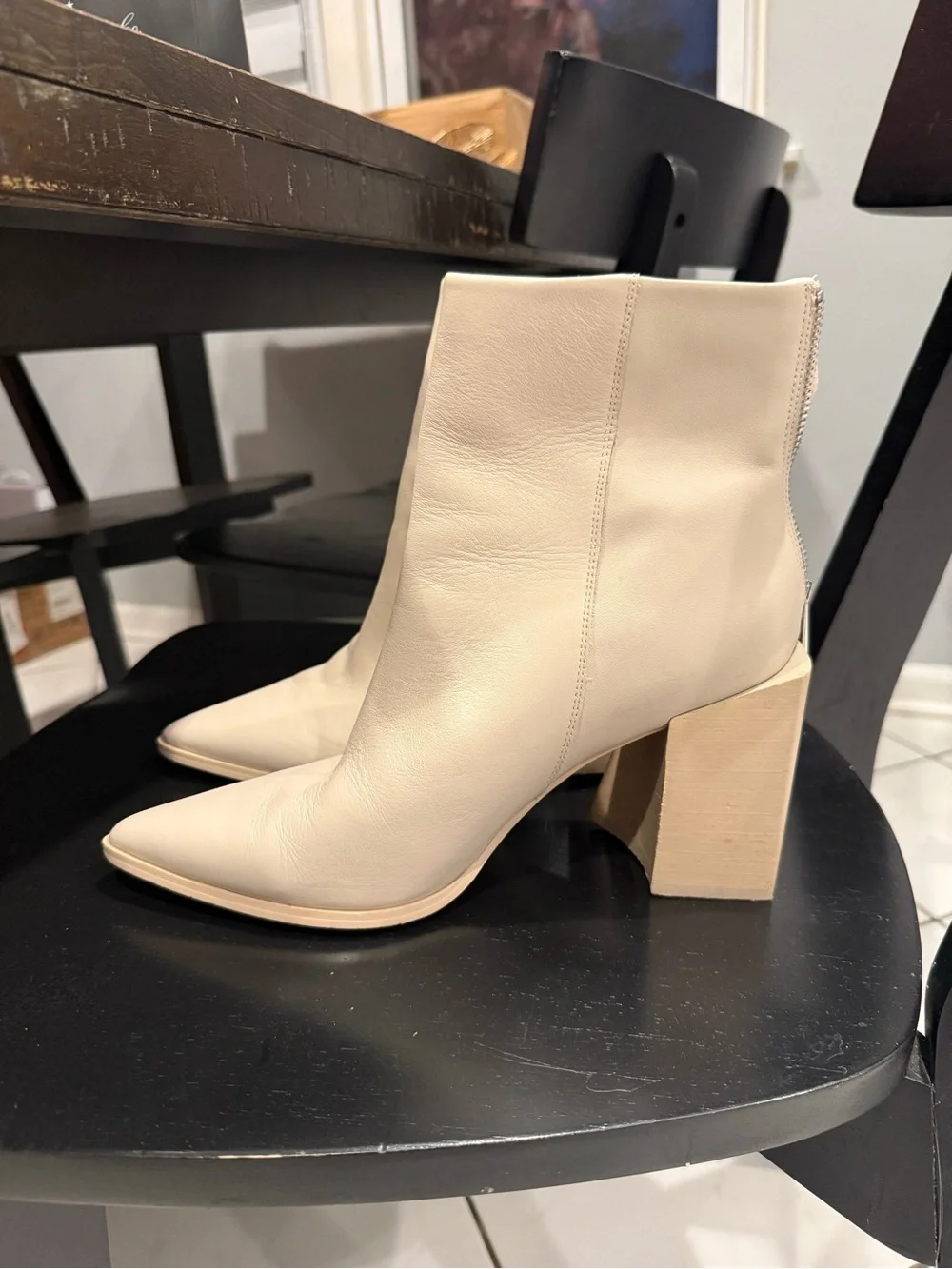 Steve Madden Women's Cream/ White ish Pointed Toe Block Heel Ankle Boots - Picture 4 of 7